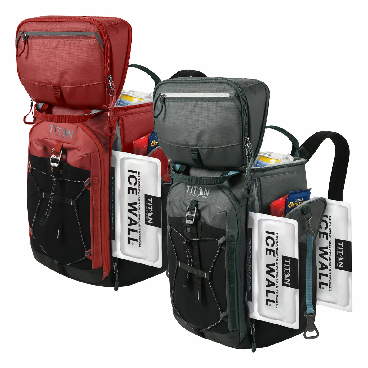 Three-quarter view of the charcoal grey Titan 26 Can Backpack Cooler standing upright on a stone bench, showcasing its padded mesh shoulder straps and side pockets.
