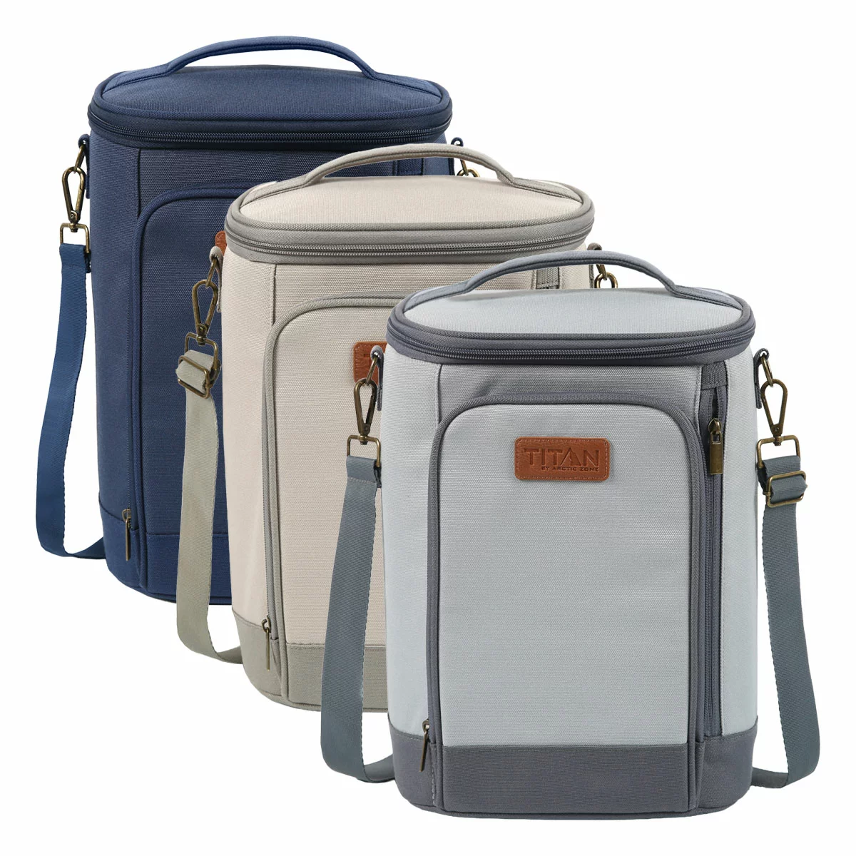 Three-quarter view of the slate grey Titan Insulated Beverage Tote with its lid zipped open, revealing two green Ice Walls and four divided compartments holding wine bottles.