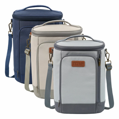 Three-quarter view of the slate grey Titan Insulated Beverage Tote with its lid zipped open, revealing two green Ice Walls and four divided compartments holding wine bottles.