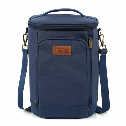 Three-quarter view of the slate grey Titan Insulated Beverage Tote with its lid zipped open, revealing two green Ice Walls and four divided compartments holding wine bottles.