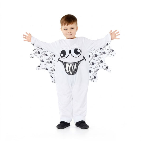 Front view of a toddler wearing the white plush Lil Ghost costume onesie with arm wings extended in a bright room setting.
