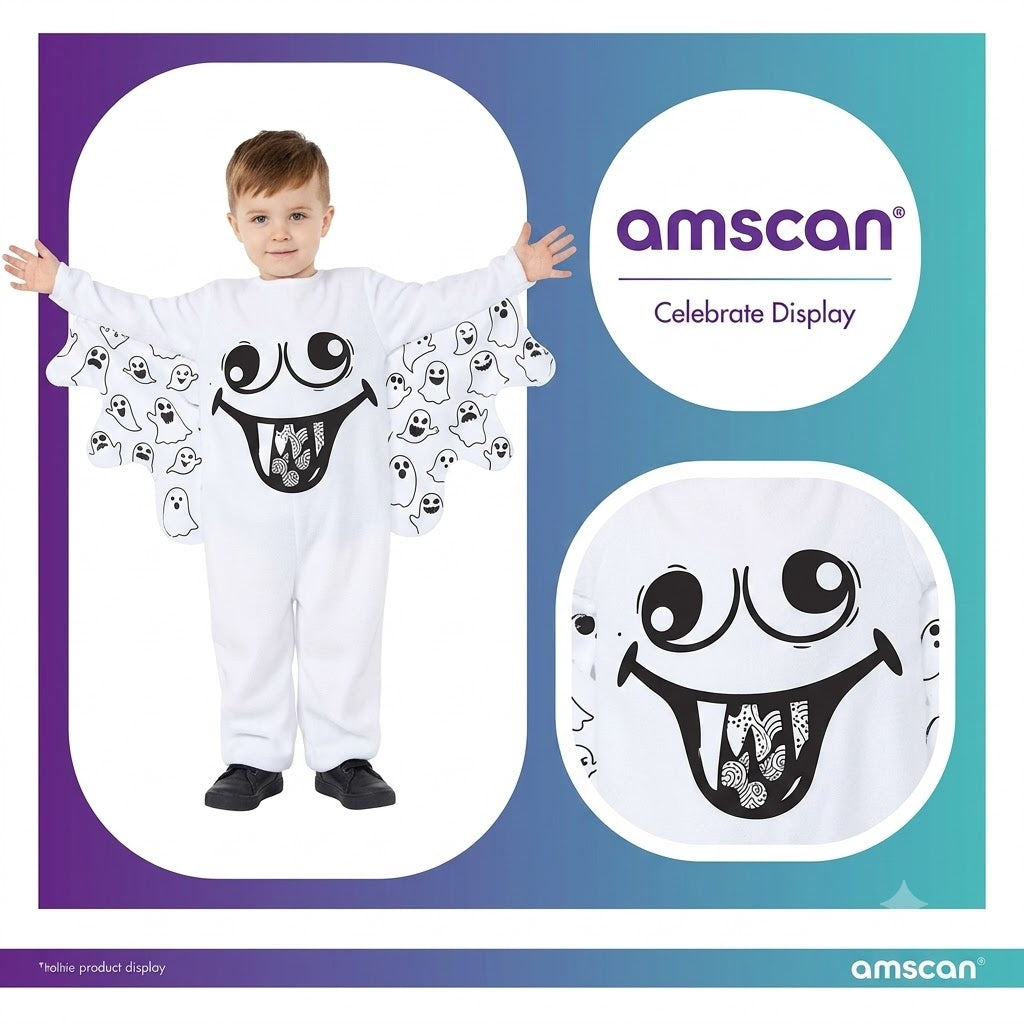 Front view of a toddler wearing the white plush Lil Ghost costume onesie with arm wings extended in a bright room setting.