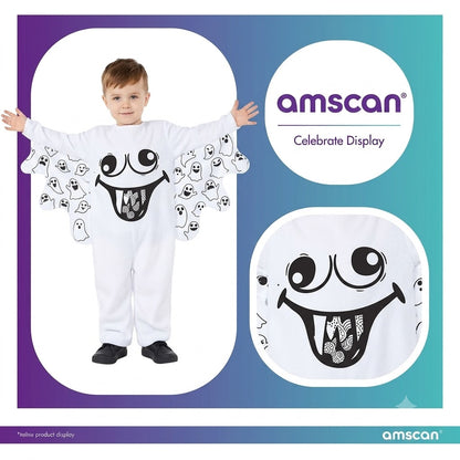 Front view of a toddler wearing the white plush Lil Ghost costume onesie with arm wings extended in a bright room setting.