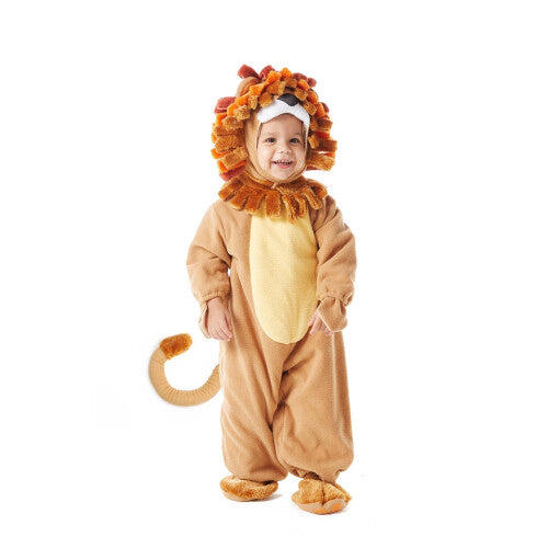 Front view of a toddler wearing a golden-brown plush lion costume with a plush mane hood, matching booties, and holding a striped plush zebra toy.