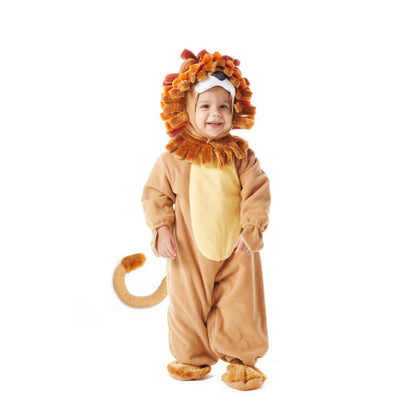 Front view of a toddler wearing a golden-brown plush lion costume with a plush mane hood, matching booties, and holding a striped plush zebra toy.