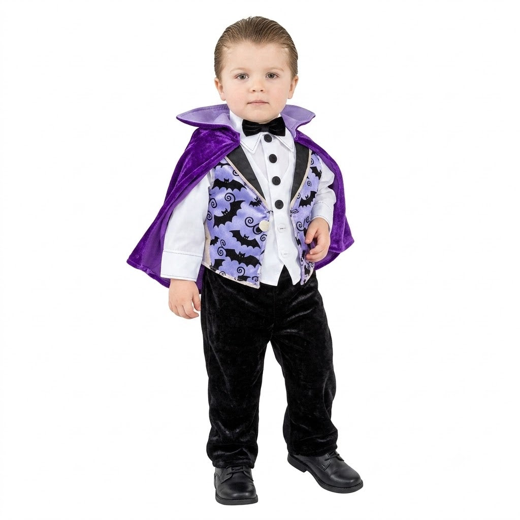 Front view of a toddler wearing the royal purple cloak, black trousers, and bowtie vampire Halloween costume set against a dark background.
