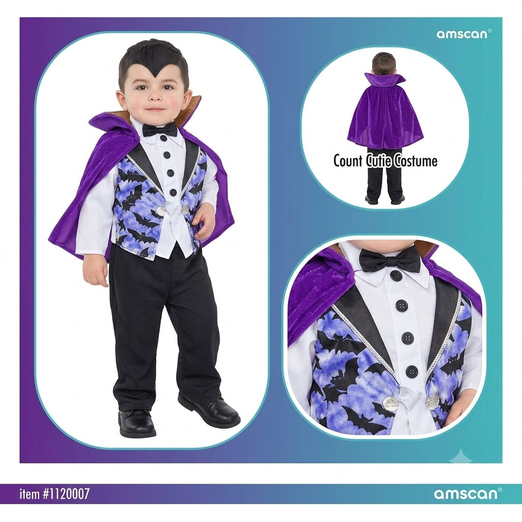 Front view of a toddler wearing the royal purple cloak, black trousers, and bowtie vampire Halloween costume set against a dark background.