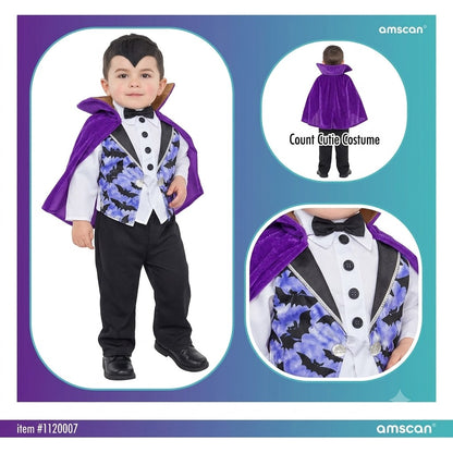 Front view of a toddler wearing the royal purple cloak, black trousers, and bowtie vampire Halloween costume set against a dark background.