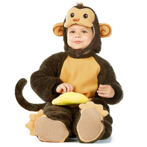 Full-length front view of an 18-24 month toddler wearing a brown plush monkey costume suit with hood, matching booties, holding a yellow plush toy banana.