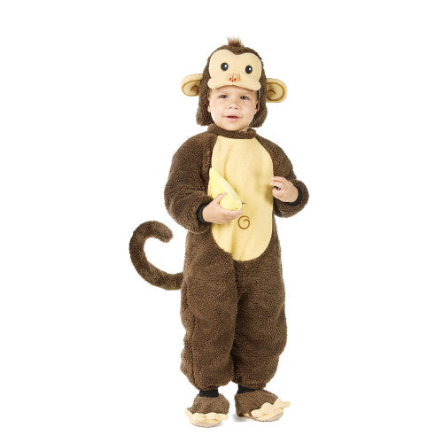 Full-length front view of an 18-24 month toddler wearing a brown plush monkey costume suit with hood, matching booties, holding a yellow plush toy banana.