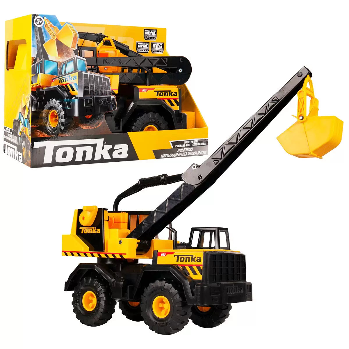 Tonka Steel Classics Mighty Crane toy with movable crane arm for kids construction and imaginative play