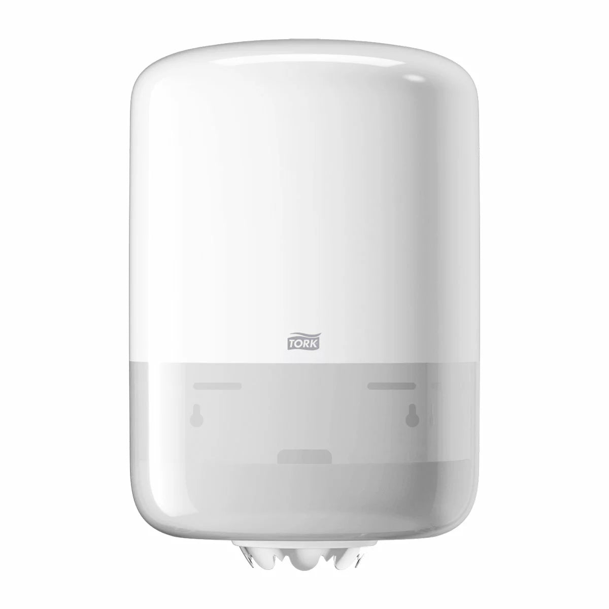 White plastic Tork M2 Centrefeed Hand Towel Dispenser mounted on a clean kitchen wall, showing the bottom paper exit nozzle.