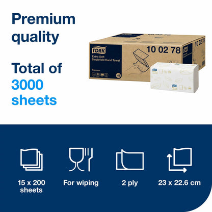 Tork Extra Soft Singlefold Premium Hand Towels 15 packs of 200 sheets for premium hygienic hand drying