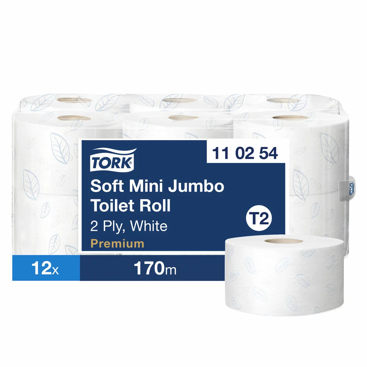 Twelve white Tork Mini Soft Jumbo Premium toilet rolls arranged neatly, showing the embossed blue leaf pattern detail and easy-carry box.
