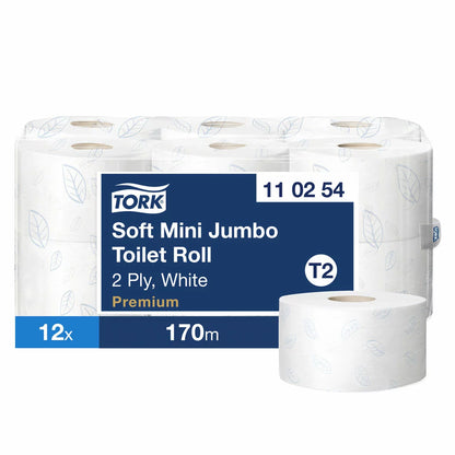 Tork Mini Soft Jumbo Premium Toilet Roll 12 rolls of 170m for commercial washrooms and high-traffic facilities