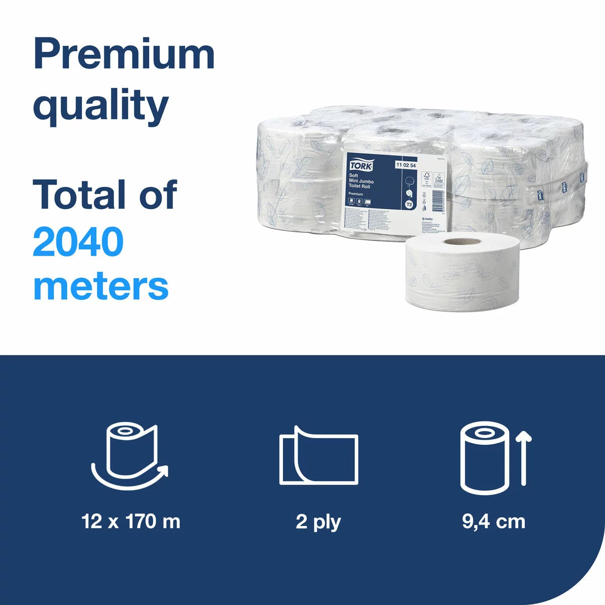 Tork Mini Soft Jumbo Premium Toilet Roll 12 rolls of 170m for commercial washrooms and high-traffic facilities
