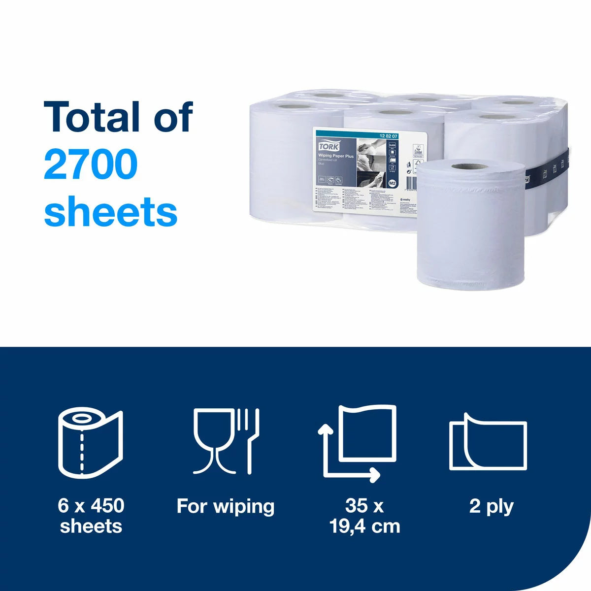 Pack of six industrial blue Tork Plus 2-ply centrefeed paper wiping rolls stacked upright for commercial kitchen and workshop use.