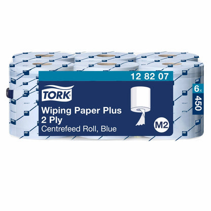 Pack of six industrial blue Tork Plus 2-ply centrefeed paper wiping rolls stacked upright for commercial kitchen and workshop use.