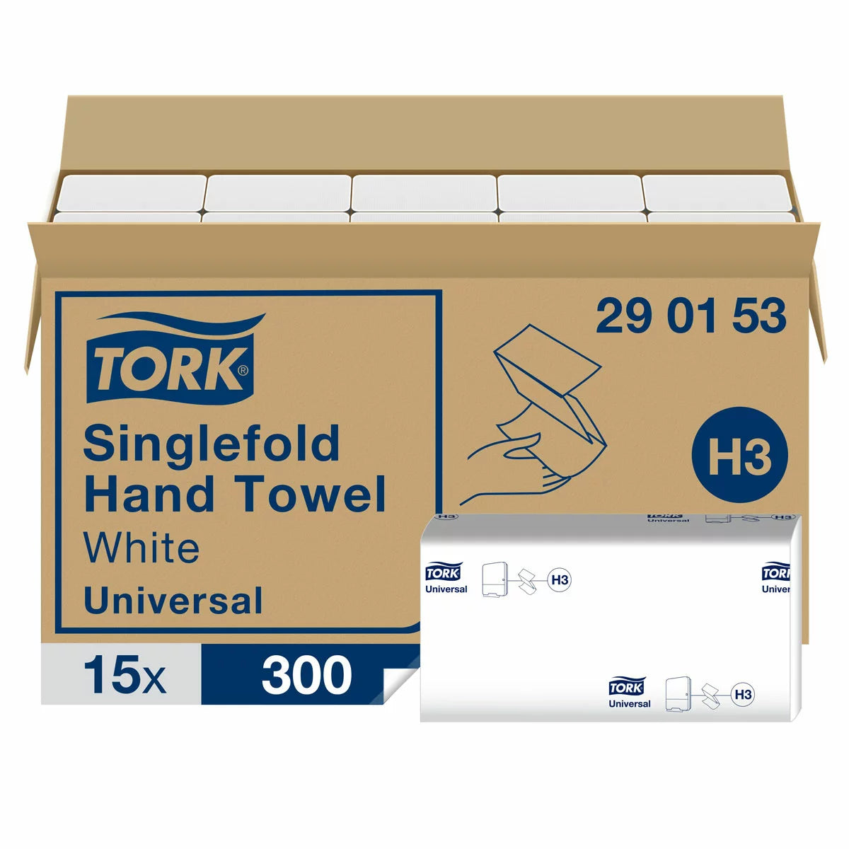 Stacked sleeves of white Tork singlefold hand towels with embossed leaf patterns placed next to a wall-mounted commercial dispenser in a clean office washroom.