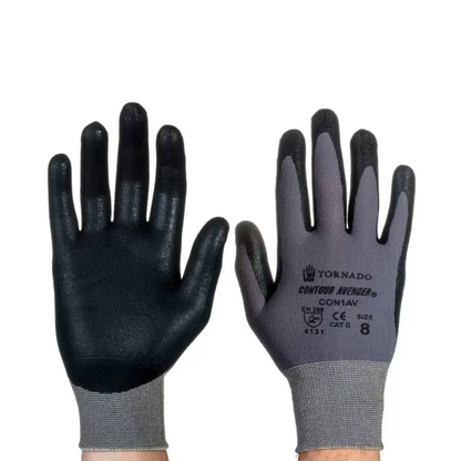 Black and grey Tornado Contour Avenger seamless nylon work gloves with bi-polymer palm coating on a technician workbench.