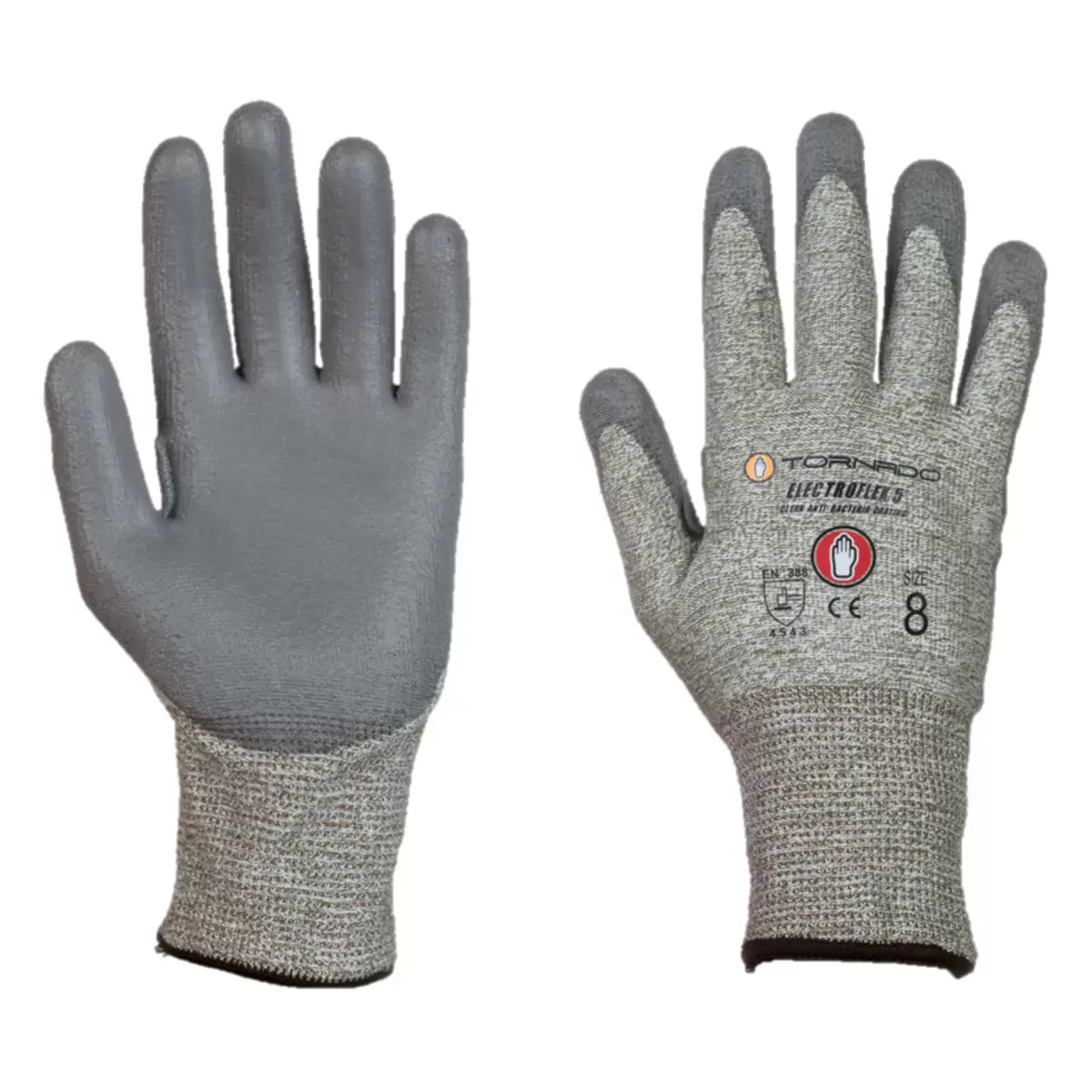 A bundle of twelve pairs of green and grey Tornado Electroflex 5 FTR safety gloves displaying the dark grey textured PU palm coating and the prominent thumb reinforcement patch.