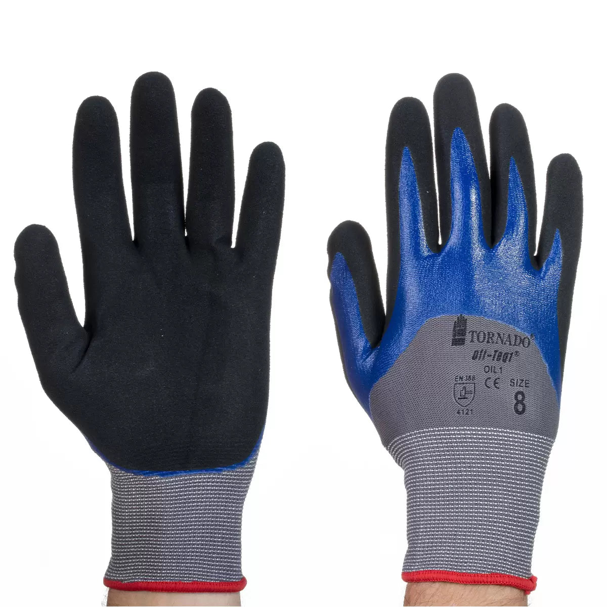 A 12-pack set of Tornado Oil-Teq 1 safety gloves showing the black and blue double-dipped nitrile palms and breathable grey back panels arranged neatly on a stainless steel workbench.