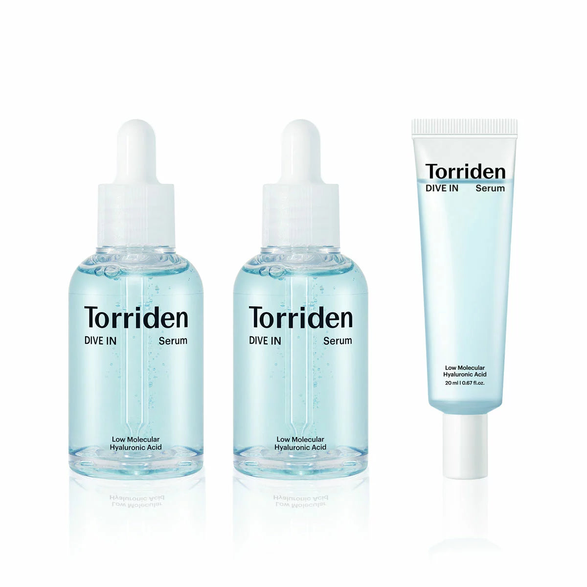 The Torriden Dive-in Serum collection, featuring two 50ml bottles and one 20ml travel bottle, displayed against a clean, professional background