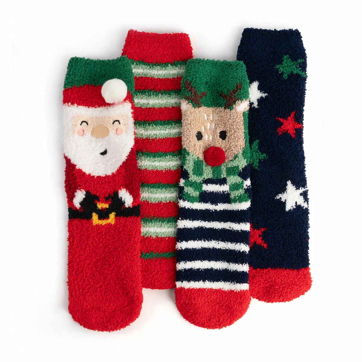 A set of four colourful Totes Toastie kids slipper socks in pink, red, and blue with non-slip grips neatly bound in a gift ribbon.