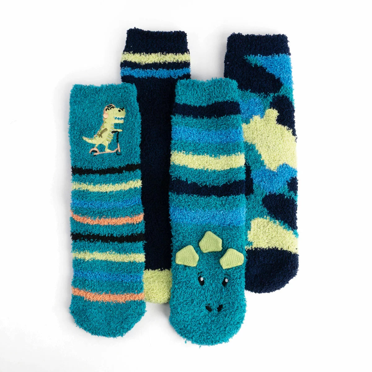 A set of four colourful Totes Toastie kids slipper socks in pink, red, and blue with non-slip grips neatly bound in a gift ribbon.