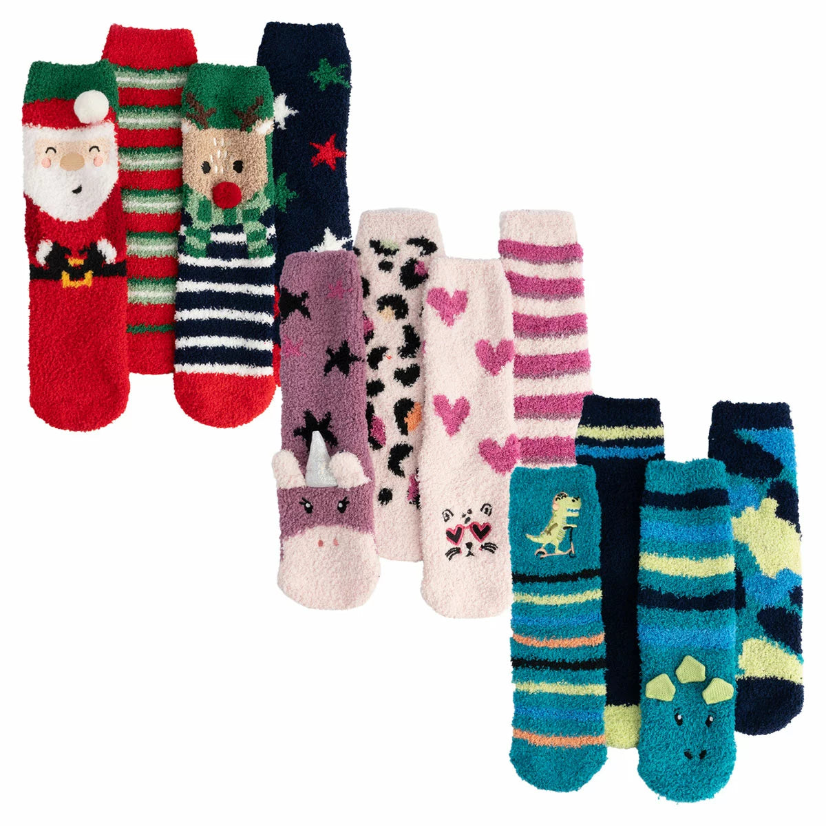 A set of four colourful Totes Toastie kids slipper socks in pink, red, and blue with non-slip grips neatly bound in a gift ribbon.