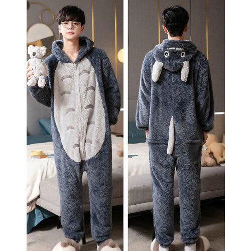 Front view of a grey and white plush Totoro adult onesie jumpsuit featuring an attached character hood and side pockets on a neutral studio background.