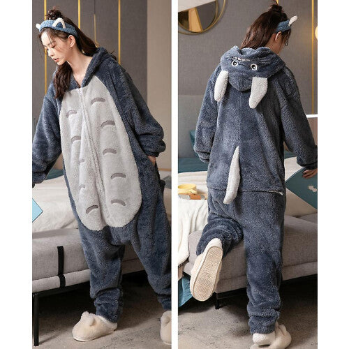 Front view of a grey and white plush Totoro adult onesie jumpsuit featuring an attached character hood and side pockets on a neutral studio background.