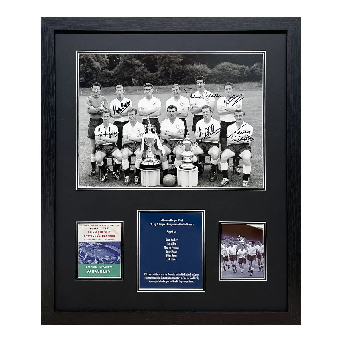 A professionally framed black and white photograph of the 1961 Tottenham Hotspur Double winning team, featuring six clear, authentic athlete signatures.
