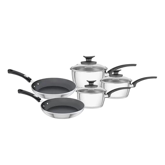 Tramontina 5-piece stainless steel cookware set showing three glass-lidded saucepans and two satin-finished non-stick frying pans with soft-touch handles on a light stone countertop.