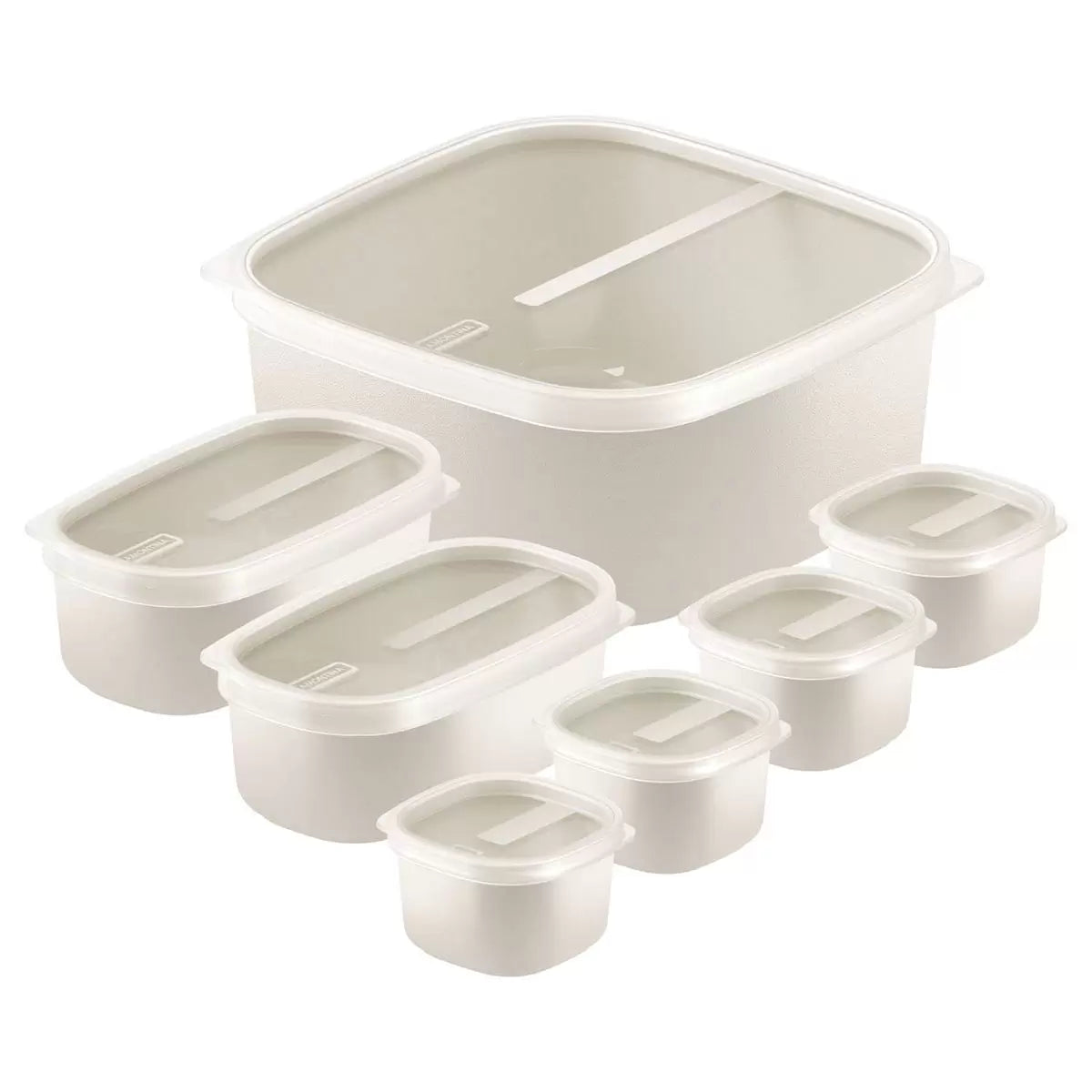 Tramontina 7-piece food storage set in cream and green, neatly organized on a kitchen counter.