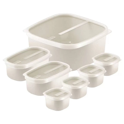 Tramontina 7-piece food storage set in cream and green, neatly organized on a kitchen counter.