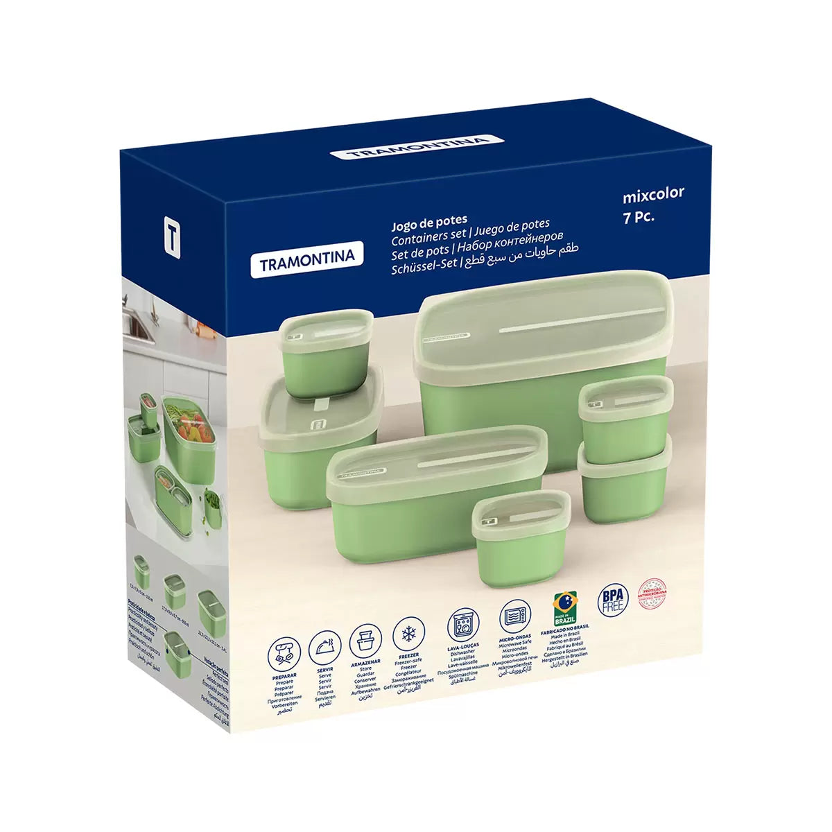 Tramontina 7-piece food storage set in cream and green, neatly organized on a kitchen counter.