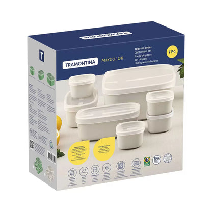 Tramontina 7-piece food storage set in cream and green, neatly organized on a kitchen counter.