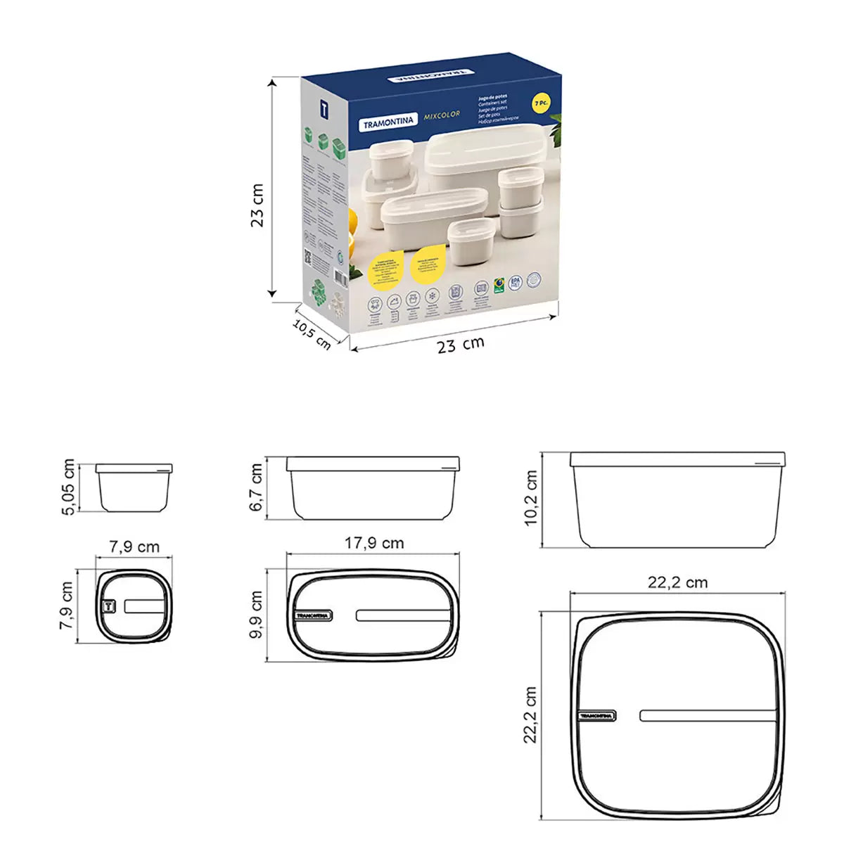Tramontina 7-piece food storage set in cream and green, neatly organized on a kitchen counter.