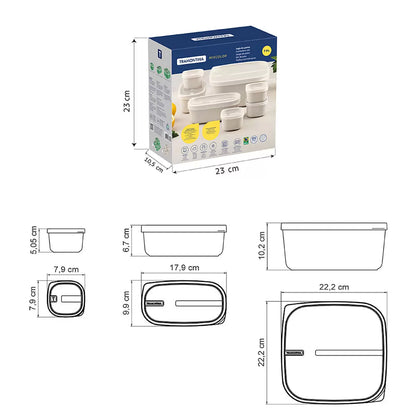 Tramontina 7-piece food storage set in cream and green, neatly organized on a kitchen counter.