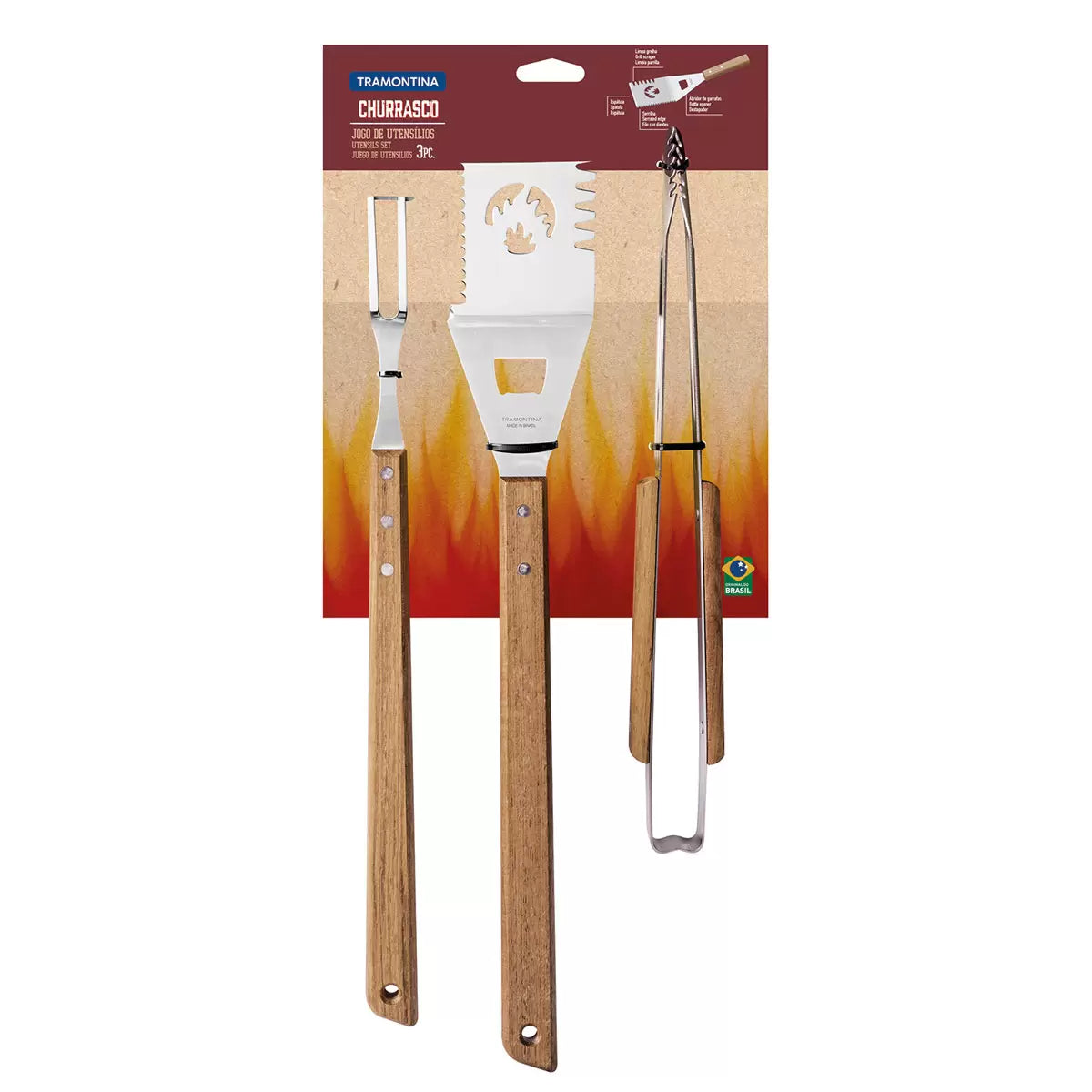Tramontina 3-piece hardwood BBQ tool set featuring tongs, fork, and spatula with a bottle opener.