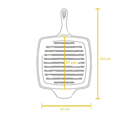 Tramontina Cast Iron Square Griddle Pan 27cm with superior heat retention and even heat distribution, ideal for grilling steaks, burgers, vegetables, and achieving perfect sear marks on indoor and outdoor meals.