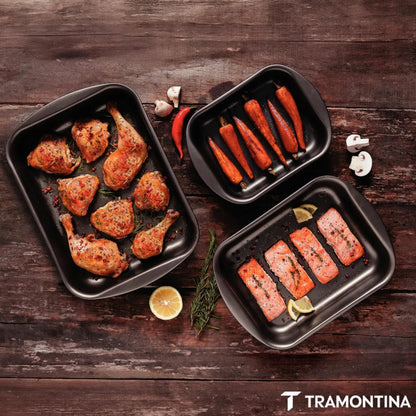 Tramontina 3 piece roasting pan set with durable oven-safe construction for roasting meats, vegetables, and family meals.