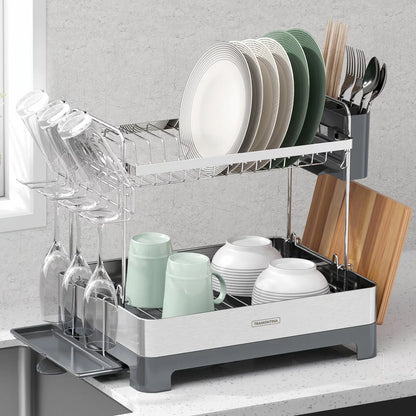 Tramontina 2-tier stainless steel dish rack neatly organised on a modern kitchen countertop.