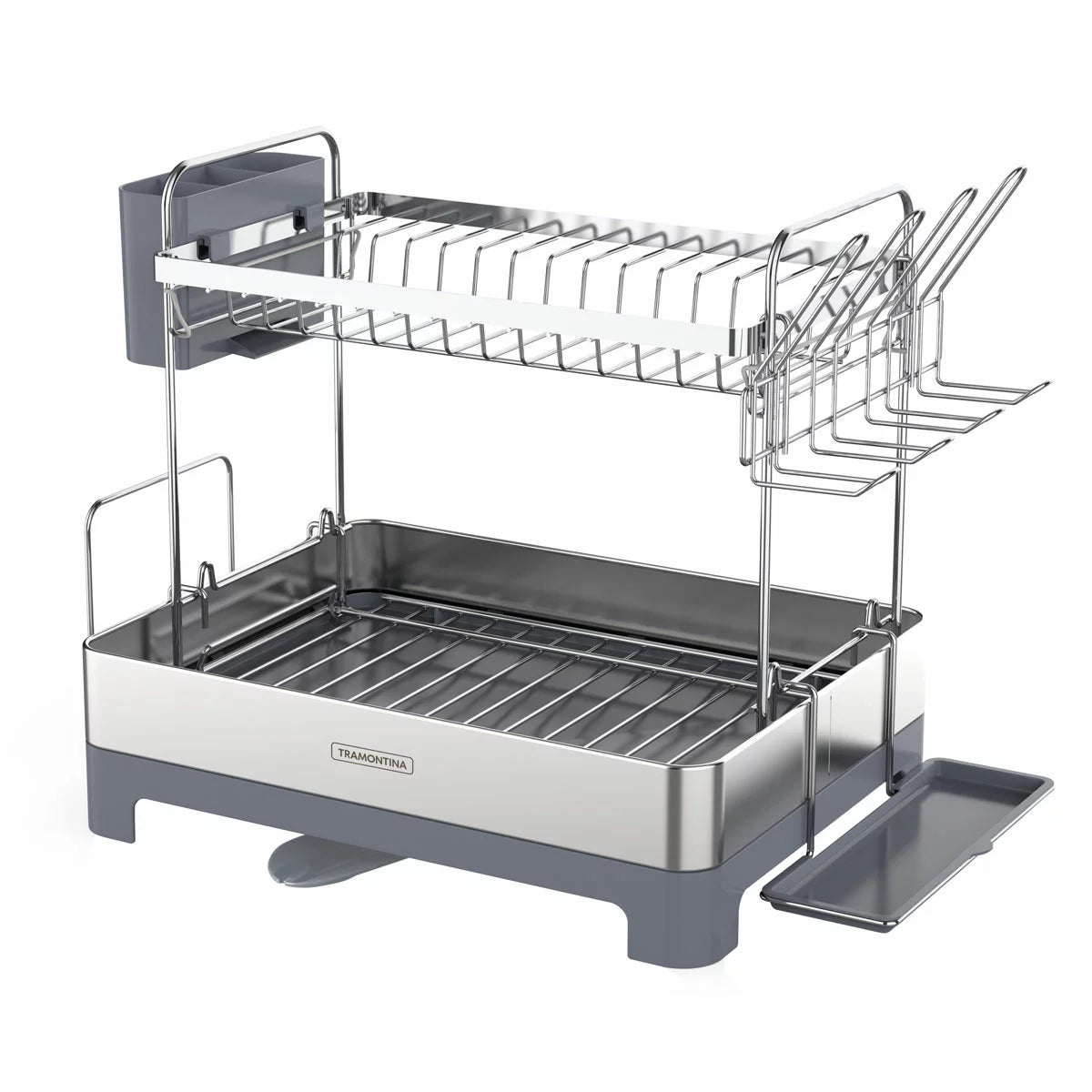 Tramontina 2-tier stainless steel dish rack neatly organised on a modern kitchen countertop.
