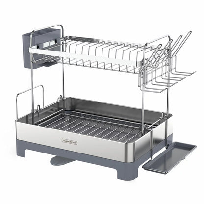Tramontina 2-tier stainless steel dish rack neatly organised on a modern kitchen countertop.