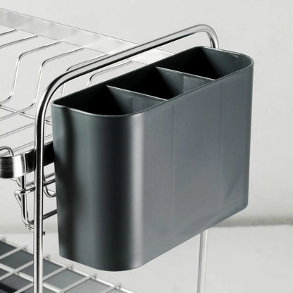 Tramontina 2-tier stainless steel dish rack neatly organised on a modern kitchen countertop.