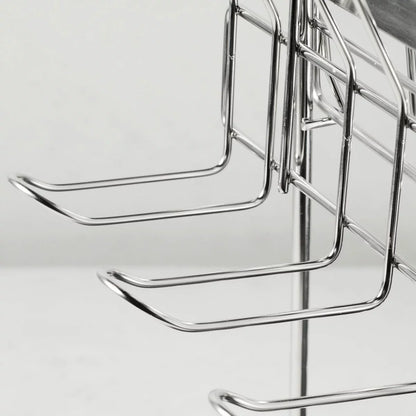 Tramontina 2-tier stainless steel dish rack neatly organised on a modern kitchen countertop.