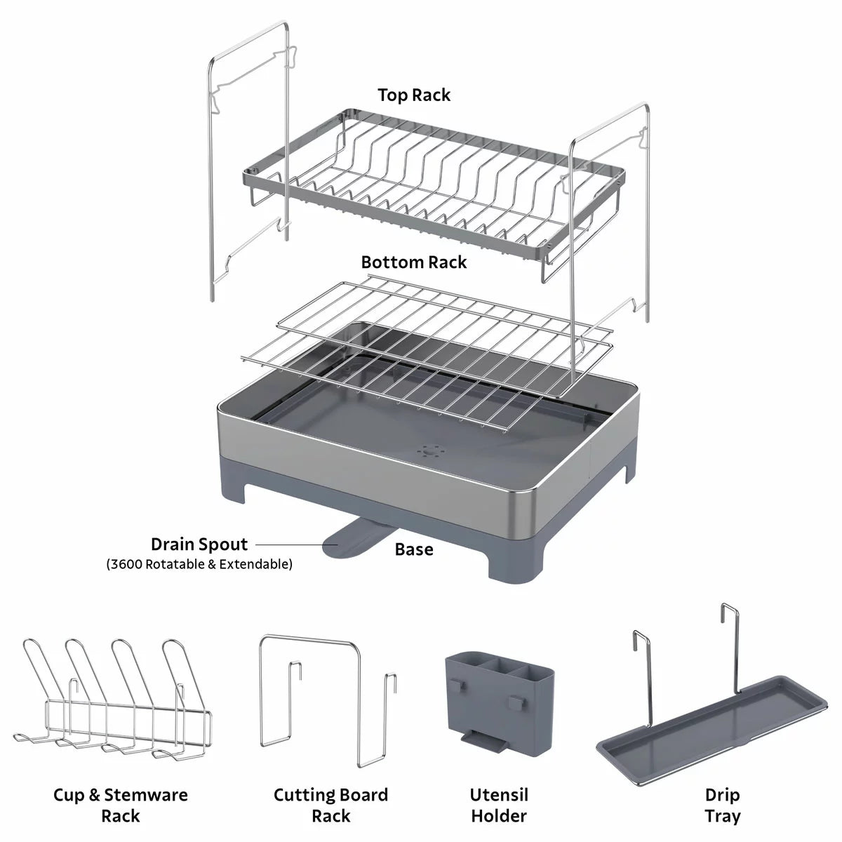 Tramontina 2-tier stainless steel dish rack neatly organised on a modern kitchen countertop.