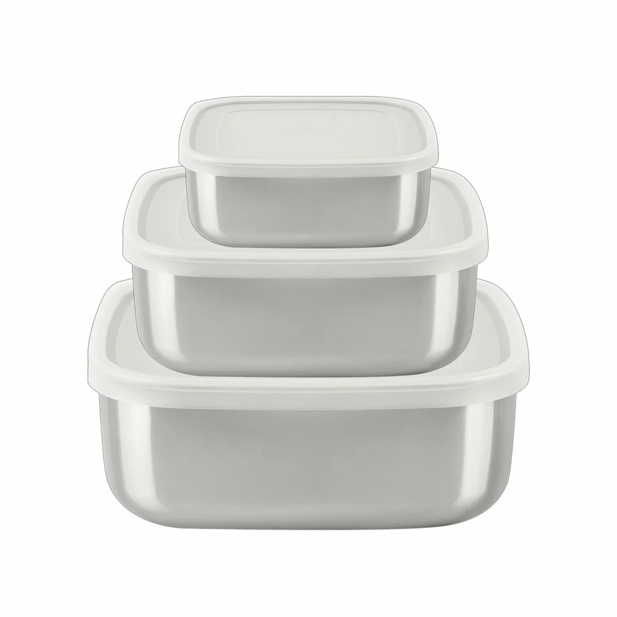Tramontina 3-piece stainless steel food storage container set with airtight lids on a kitchen counter.